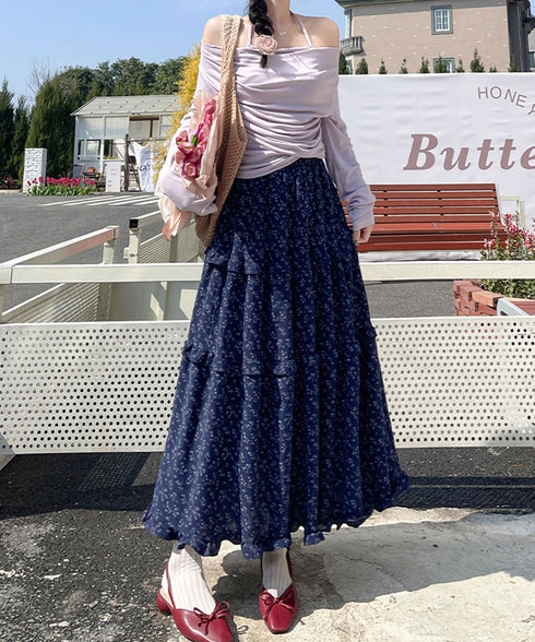 フリルティアード 小花柄 ロングスカート レディース ティアードスカート きれいめ 体型カバースカート着やせ 大人可愛い新作ハイウエストスカート 裏地付きスカート 98JLIY-001